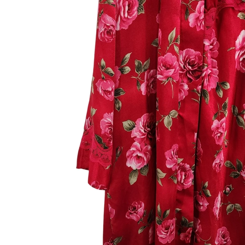 California Dynasty Vintage Women's Floral Robe and Nightgown Set Red Sz L